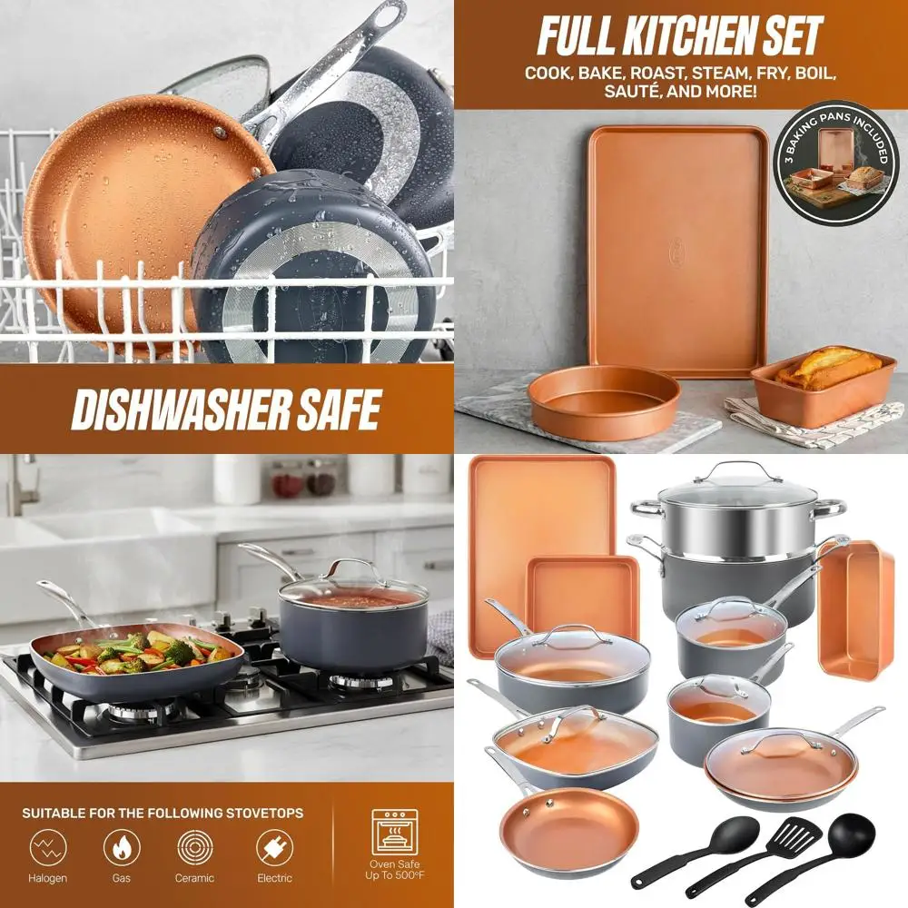 

Набор керамической посуды с антипригарным покрытием, несущей меди, 20 предметов, с посудой для выпечки, посудой и пароваркой — можно мыть в духовке и в посудомоечной машине