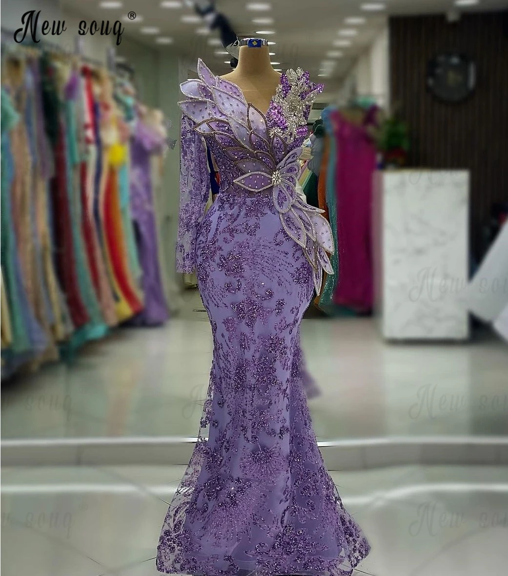 Arabic Customized Lilac Long Evening Dress Crystal Leaf Mermaid Sparkly Wedding Party Dress Women Engagement Event Dinner Gowns