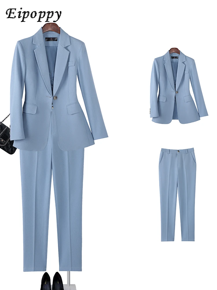 

Office Ladies Pant Suit Formal Women Business Work Wear Blazer And Trouser Blue Yellow Apricot Slim Solid 2 Piece Set