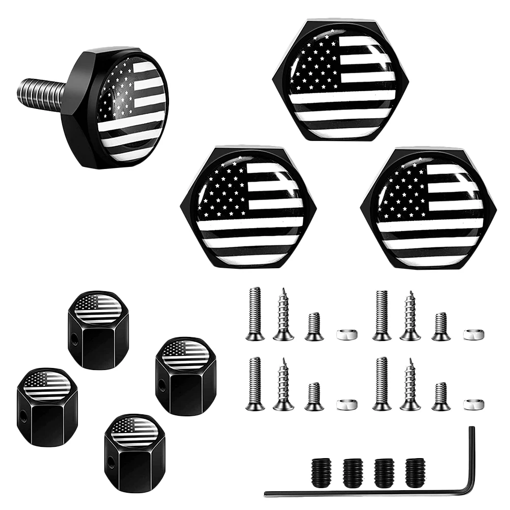 

4 Pieces Black White USA Flag License Plate Screw Caps Stainless Steel Fasteners Anti Rust Car Truck Motorcycle Bolt Kit