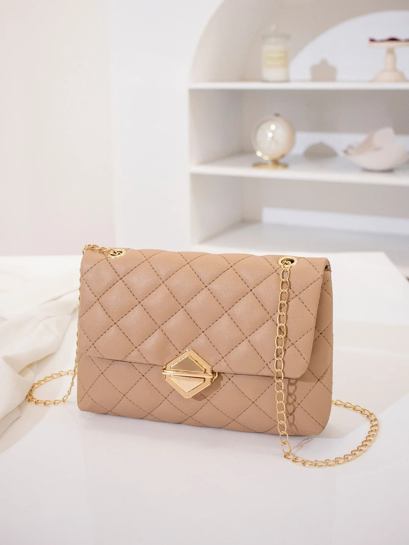 Push Lock Quilted Square Bag