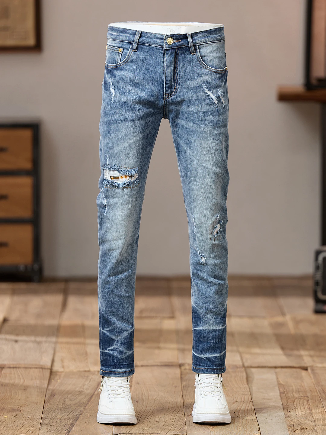 

High-End Vintage Patchwork Men's Jeans Slim Fit Waed Casual Versatile Ankle-Length Cotton Stretch Denim Wear Resistant
