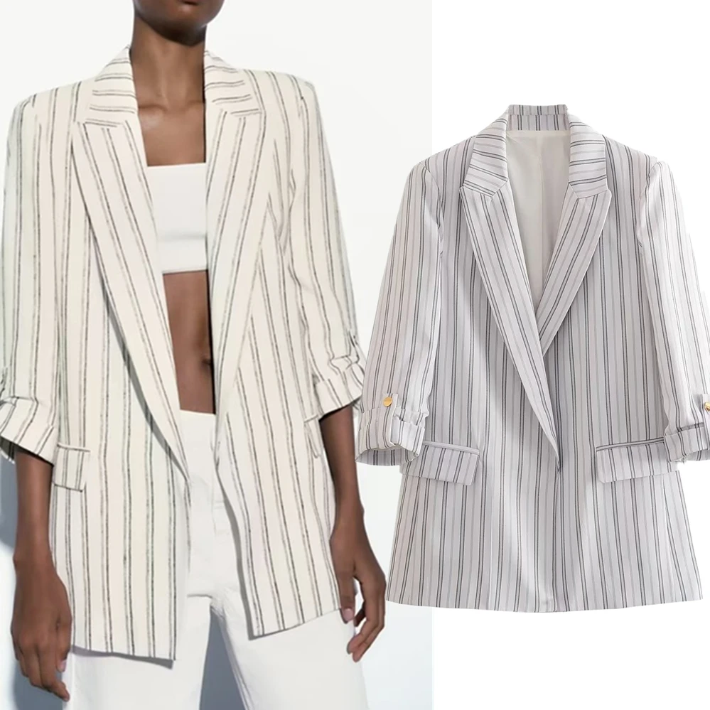 Withered Fashion Vintage Striped Roll Up Sleeve Casual Blazers Women Office Lady Jacket