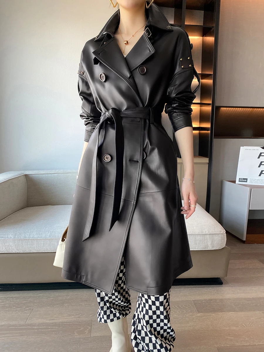 Original Design 2024 New High End Real Sheepskin Coat Genuine Leather Jacket Womens Black Long Windbreaker Double-breasted Coat