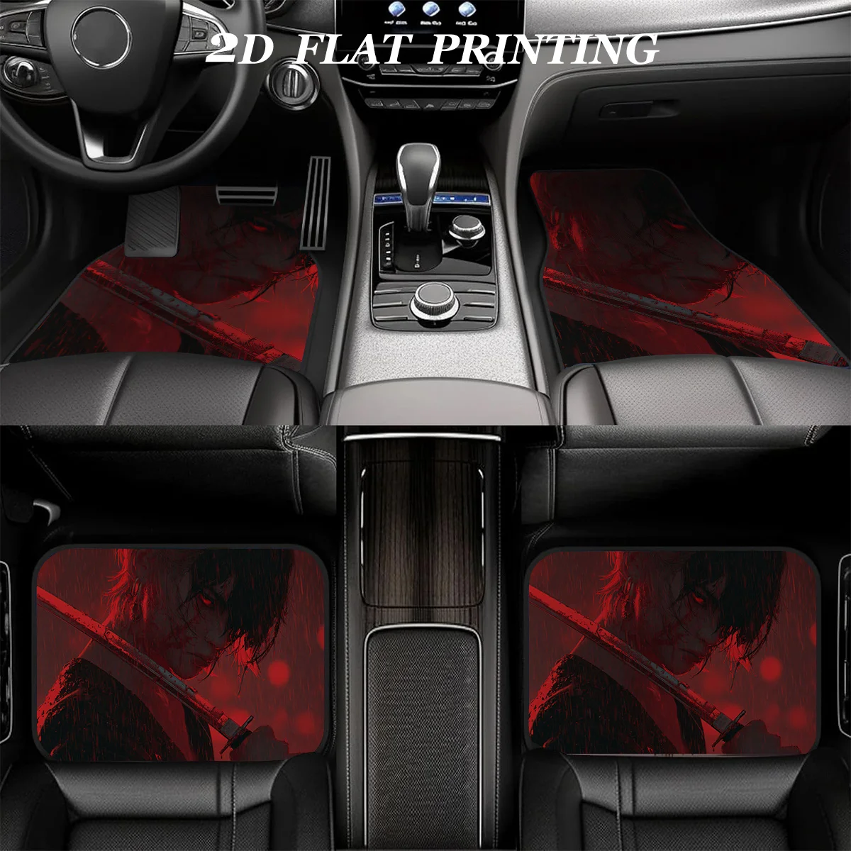 4pcs Polyester Car Mats With Red And Black Samurai Silhouette Design - Absorbent, -Slip, Washable, All-Season Use - Stylish Inte
