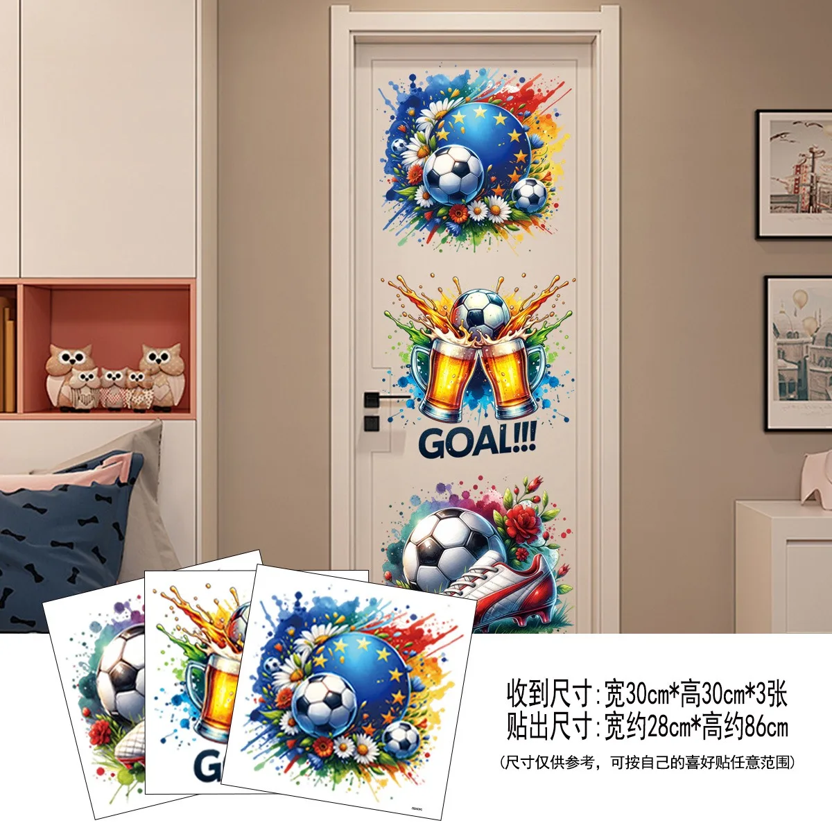 Colorful Splash Football Print Door Sticker Sport Style Wall Decor for Boy Bedroom Man Cave Living Room Door Background Ornament