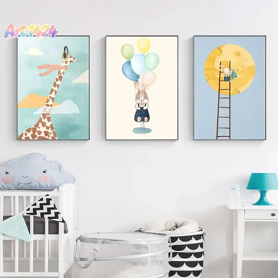 Cute Giraffe Rabbit Moon Balloon Motorcycle Wall Art Canvas Painting Nordic Posters And Prints Pictures For Kids Room Home De