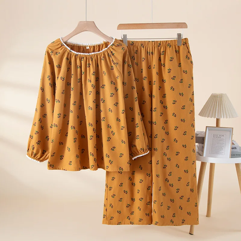 Super Comfy 100% Cotton Women's Sweet Lace Trim Floral Print Loungewear Set Round Neck Long Sleeve Loose Fit Breathable Home Pjs