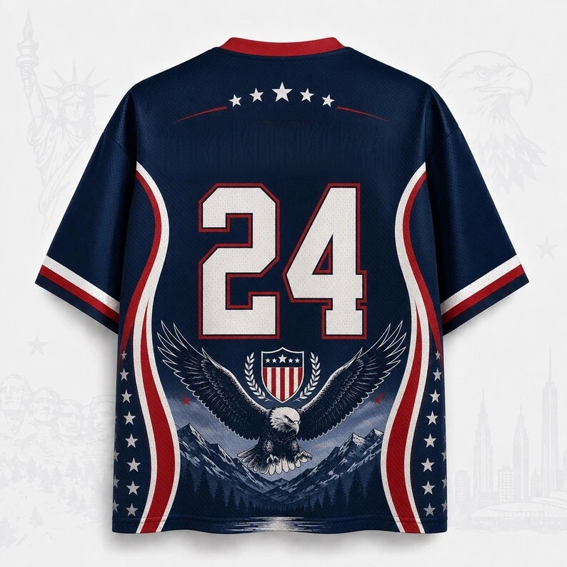 2026 American Fan Uniform Football Print Breathable V-neck Mesh Football T-shirt Is A Must-have for Fans