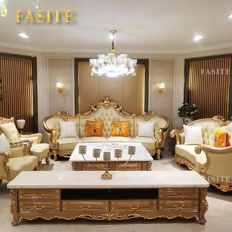 For European Luxury Classical Wooden Living Room TV Table Furniture Set Golden Carved Wood Frame Marble Top TV Stand