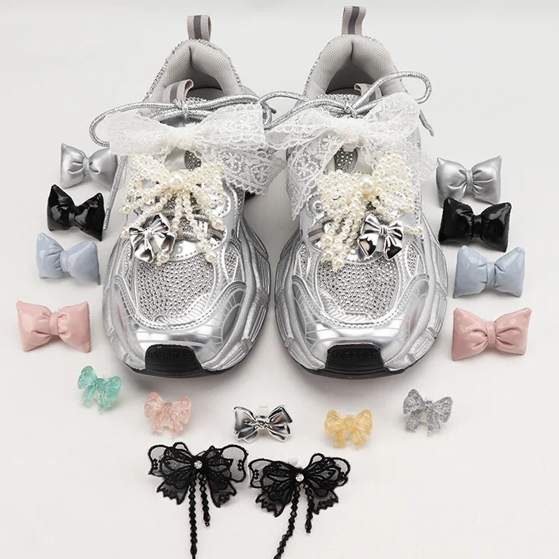 1 Pair Fashion Bowtie Flower Lace Shoelaces Buckle Shoes Charms Pearl Rhinestone Shoelace Decoration Shoe Accessoriess for Woman
