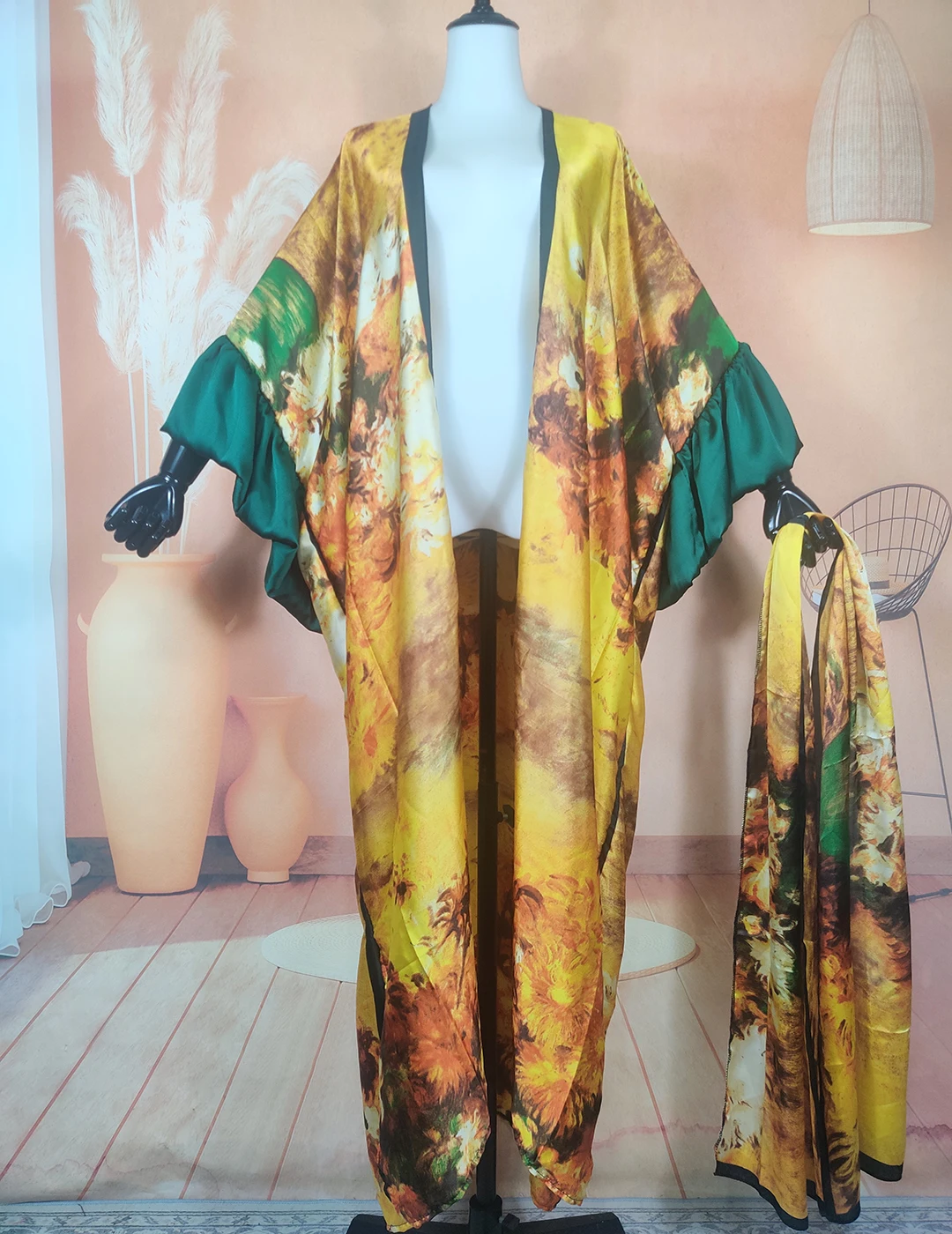 

Sexy Lady Beach Wear Loose Cardigans Oversized Evening Party Women Silky Printed Puff Sleeve Kimonos African Female Long Duster