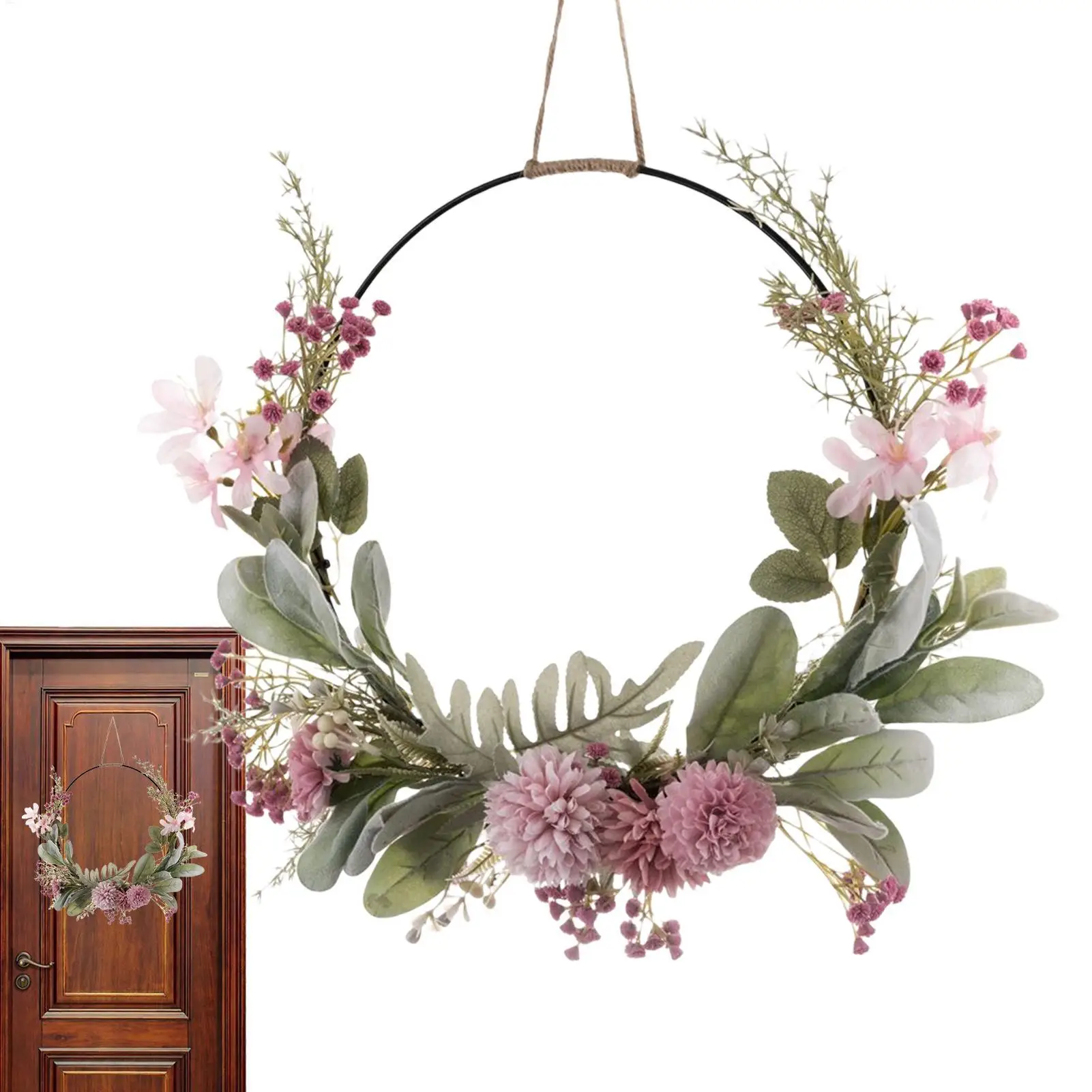 

Flower Wreath Spring Door Wreath with Orchid Chrysanthemum Flowers and Green Branches 41cm/16inch Round Door Hanger for Spring
