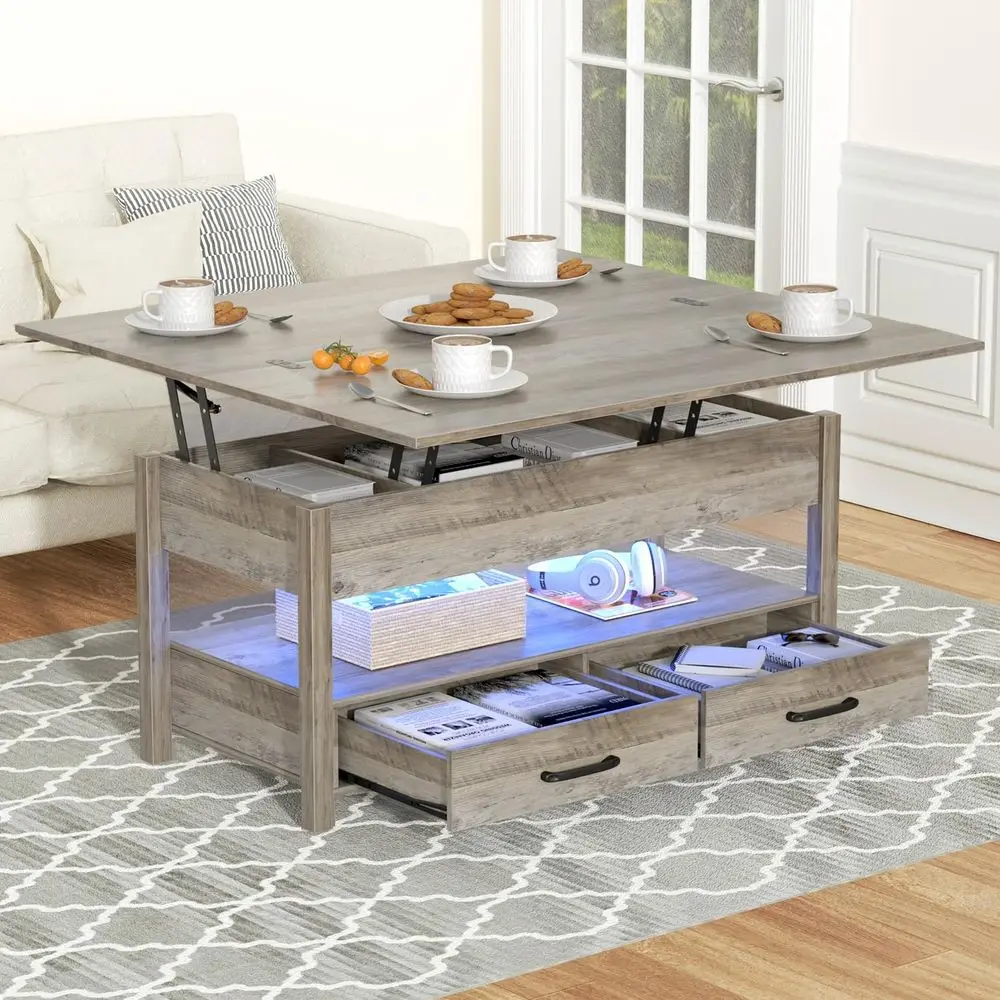 42 LED-Lit Multifunctional Coffee Table with Storage, Converts to Dining Table, Grey