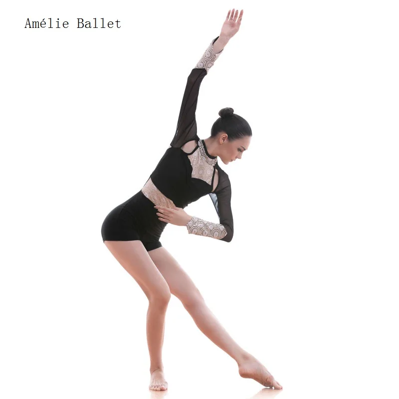 18705 긴 소매 검은 댄스 의상 소녀와 여성 서정적이고 현대적인 댄스 의상 발레 드레스