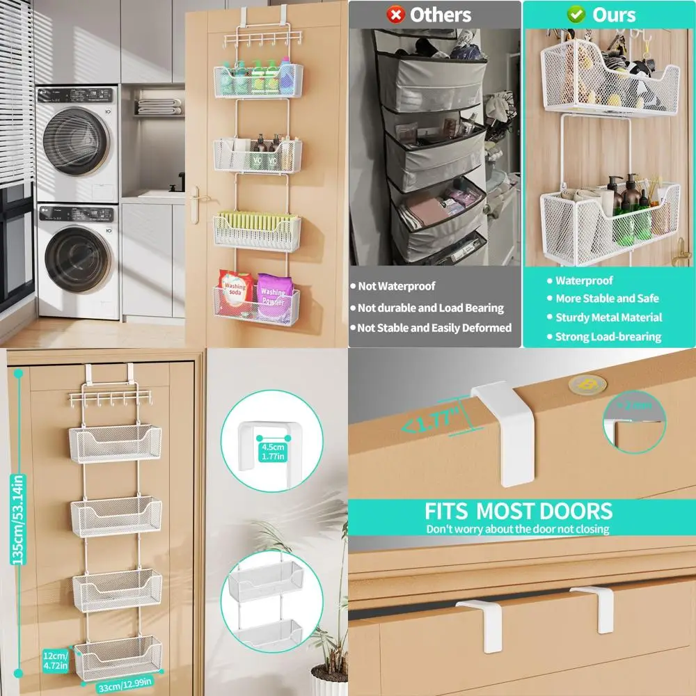 

Door Hanging Organizer with 4 Metal Baskets and Adjustable Hooks for Storage in Various Rooms