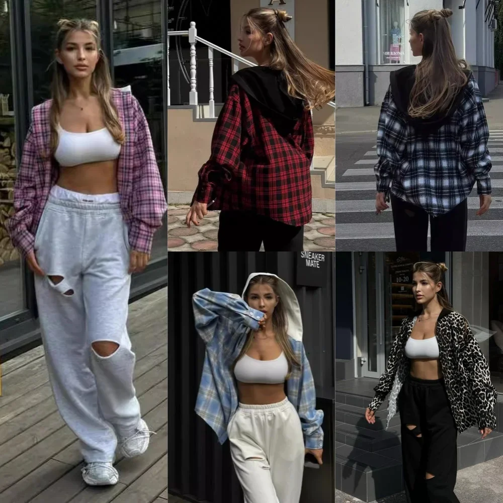 

Women Vintage Long Sleeve Shirt Oversized Plaid Shirt Autumn Winter Fashion Loose Lapel Pocket Shirt Fit Blouse Korean Style