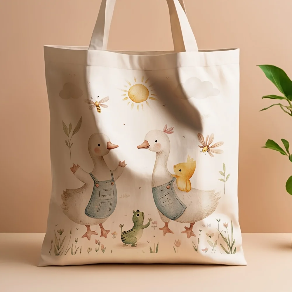 1pc Duck & Frog Illustration Canvas Tote Bag - 35.05cm x 40.13cm Reusable Grocery Bag with Cute Animal Pattern, Durable Polyeste