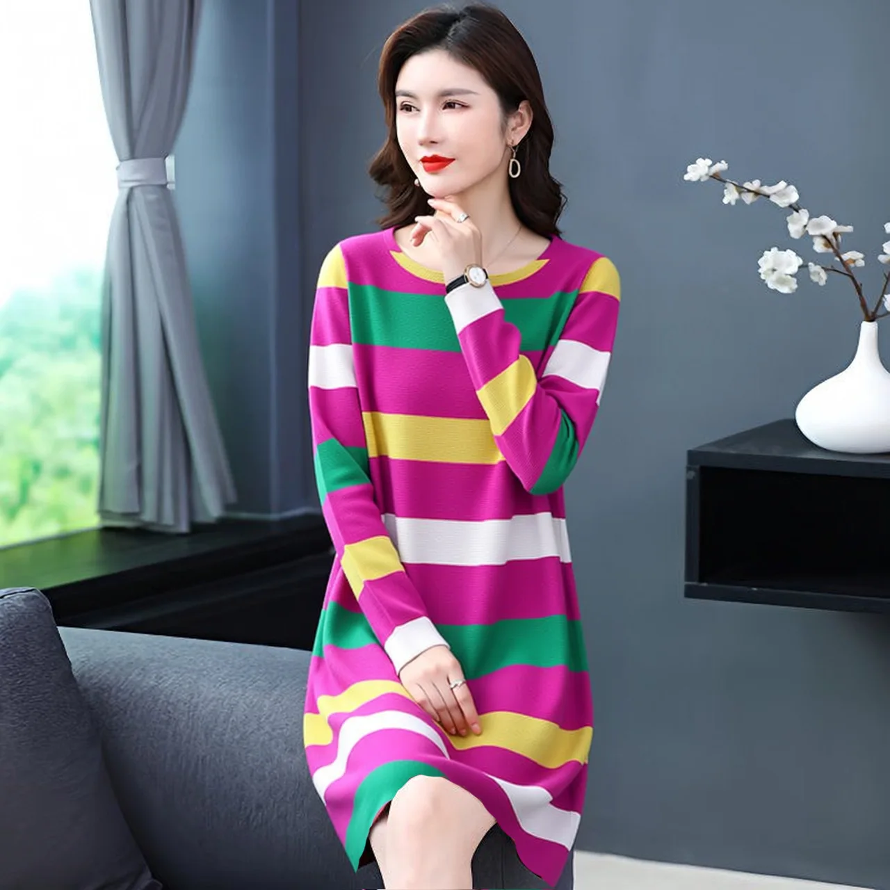 New Striped Women's Dress Long Sleeve round Neck Slimming Anti-Aging Midi Dress plus Size Belly Covering Outerwear