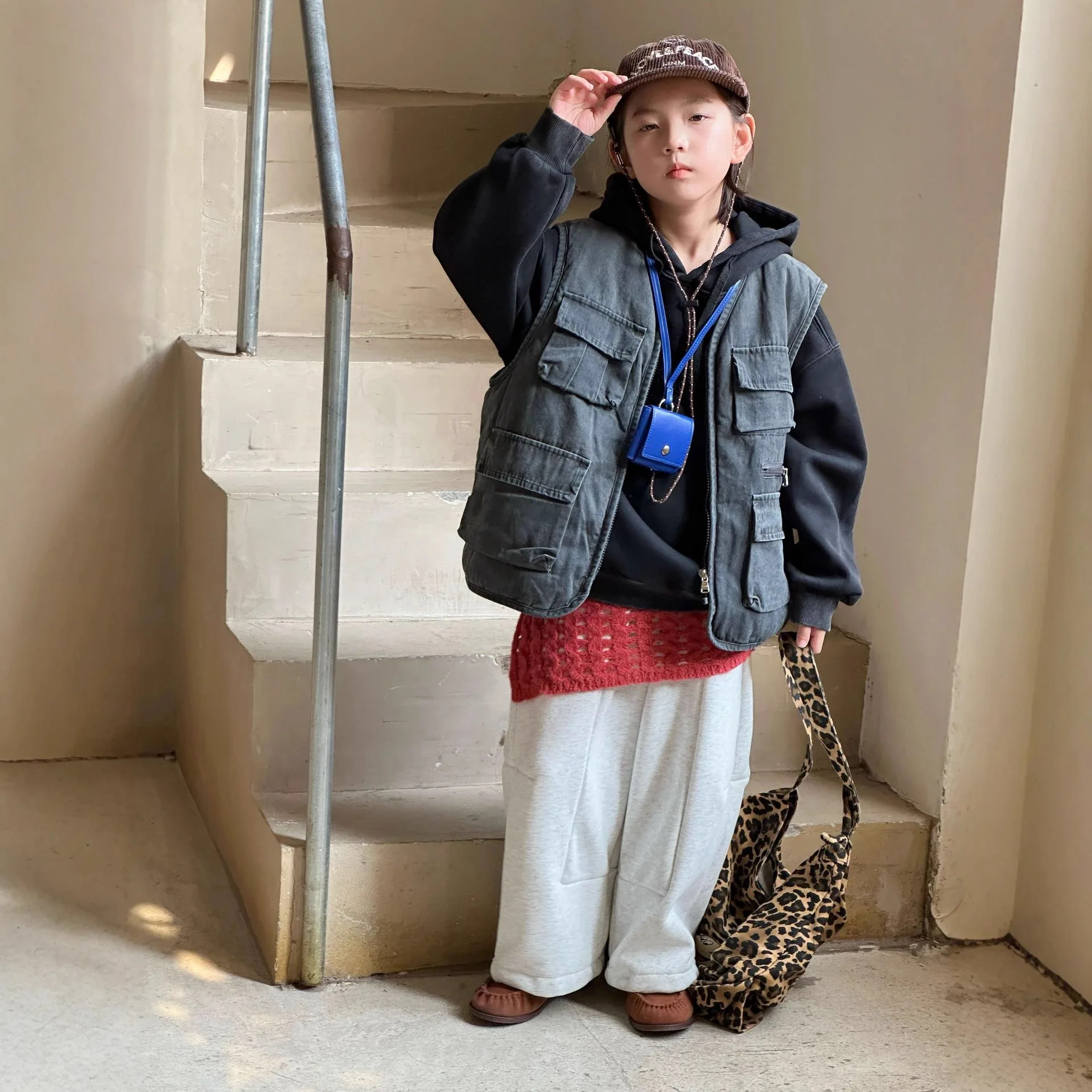 Winter Vest and Fleece Hoodie Two-piece Set New Korean Version Children's Multi Pocket Workwear