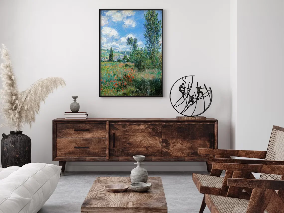 Impressionist Claude Monet Wall Print Decor - Classic Landscape Painting of Wild Poppies and Poplar Trees in Vetheuil, Capturing