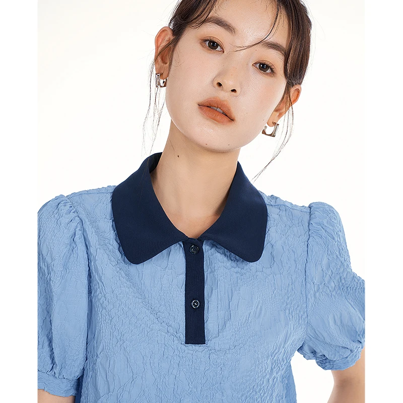 Toyouth Women Blouse 2023 Summer Puff Sleeves Polo Neck with Buttons  Shirts Contrast Color Textured Fabric Elegant Chic Tops