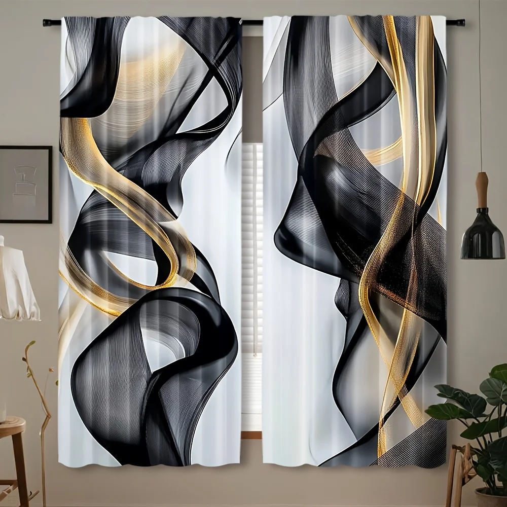 Luxurious Abstract Gold and Black Wave Curtains Panels Modern Decorative Drapes for Living Room Bedroom Window Treatment Home De