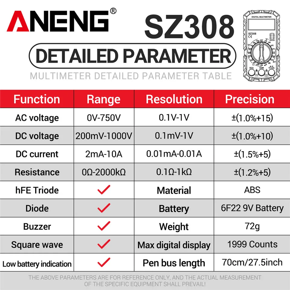 Multímetro digital ANENG SZ308, medidor de corriente AC/DC, voltaje, resistencia, pantalla LCD, prueba de onda cuadrada 6