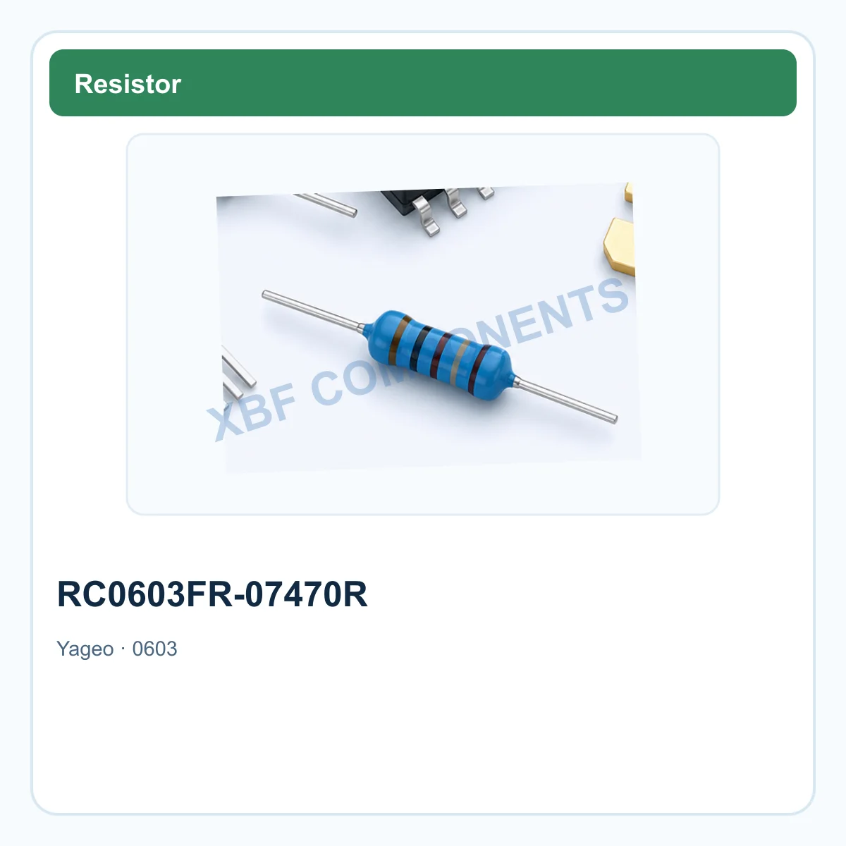 Yageo RC0603FR-07470R Chip Resistor Thick film resistor, 470Ω, 1%, 0.1 W, ±100 ppm/°C 0603