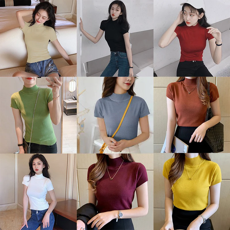 Women\'s Solid Half Turtleneck Bottoming Knit Pullovers Fashion Slim Fit Short Sleeve Knitted Sweater Autumn All-match Inner Wear