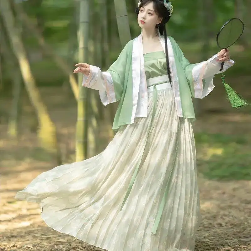 طقم فستان هانفو الصيني فستان مطوي أخضر معجون الفول فستان مطرز صيني تقليدي للنساء أزياء كلاسيكية آسيوية #5