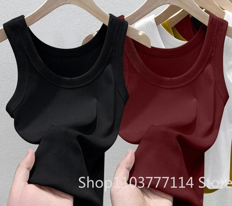 Damen Einfarbiges Geripptes Top mit Rundhalsausschnitt Sommer Basic Elastisches Spaghetti-Träger-Top Leichtes Kühles Basis-Shirt Ärmellose Weste – Detail 1