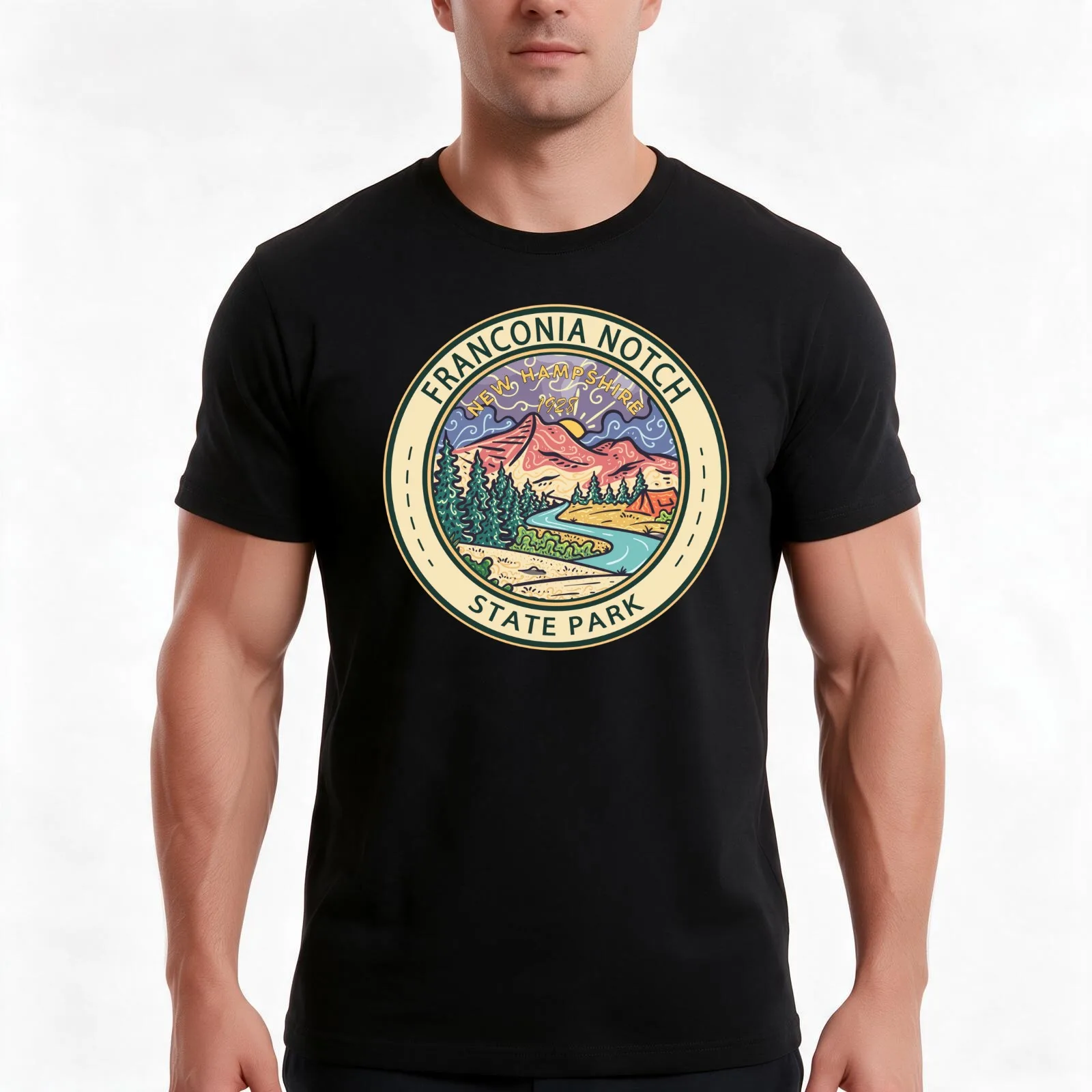 Franconia Notch State Park New Hampshire Badge T-Shirt, Summer Casual Cotton Tee, Oversized Streetwear Tops, Unisex Men Women