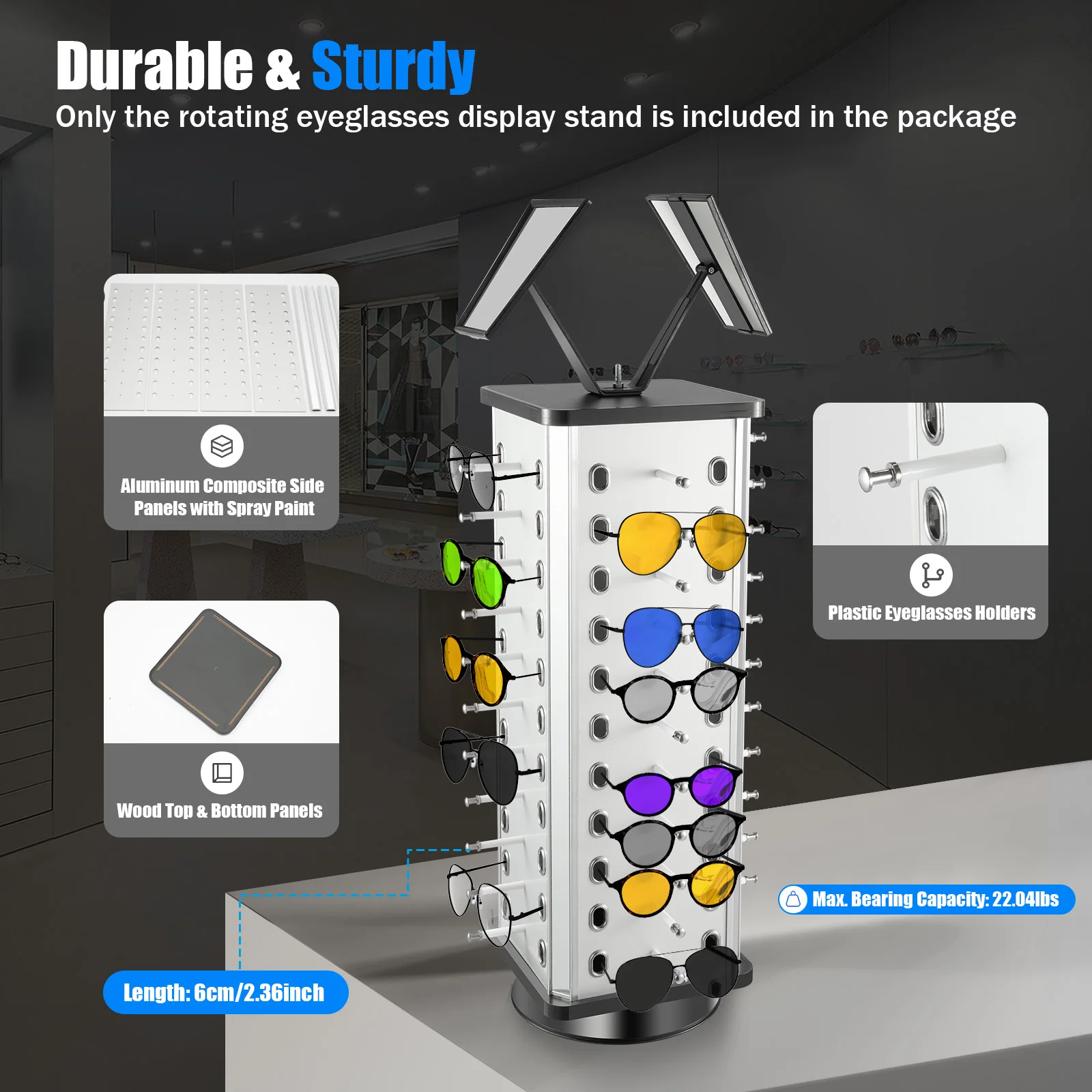 

Rotating Eyeglass Display Stand Holds 44 Pairs 360° Spinning for Optical Stores Home Use Durable Aluminum/Wood Construction