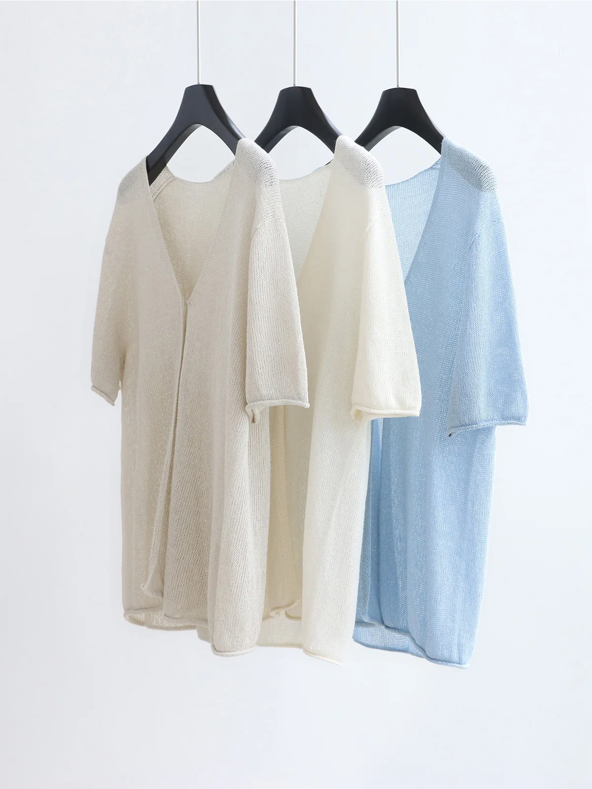 

Dave&di Simple One Button Imported And Paper Yarn V-neck Knitted Shirt Short Sleeved Cardigan Top Summer Casual Dry And Sun Prot