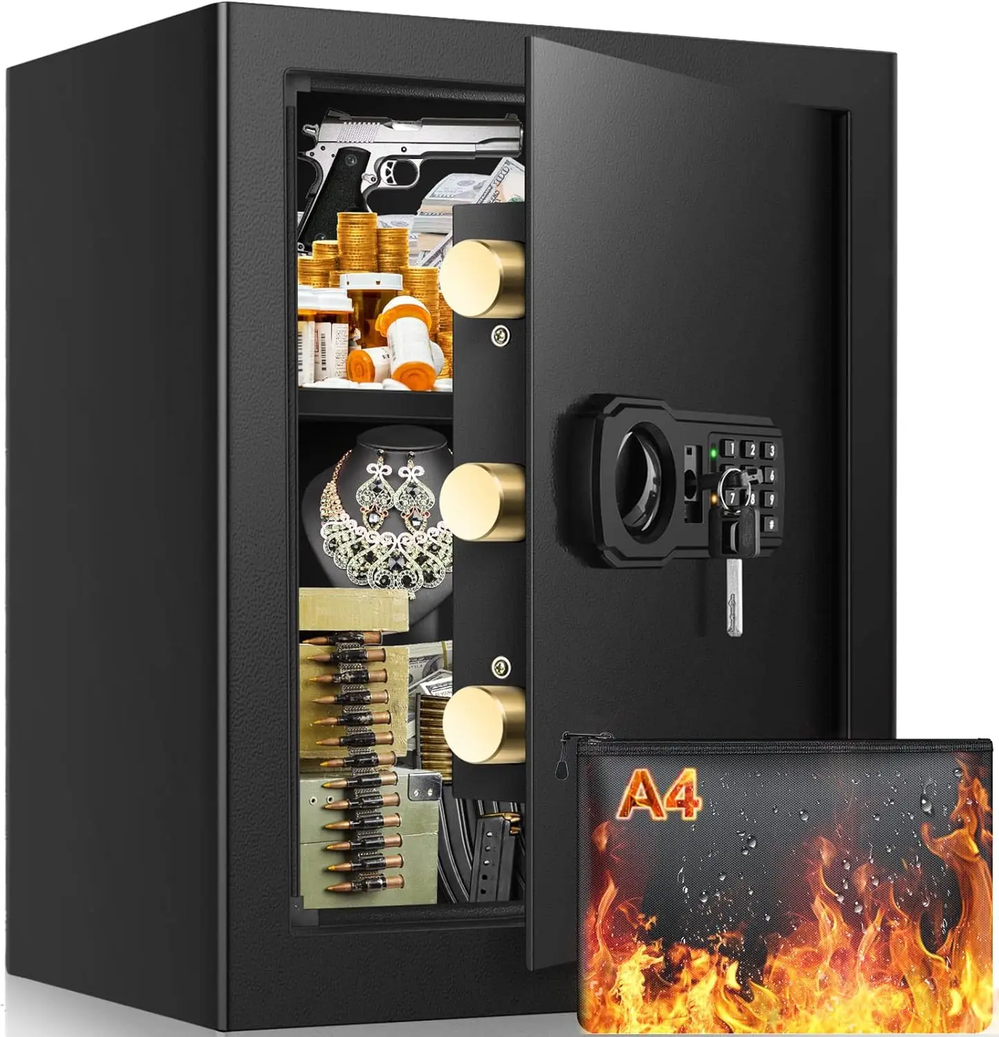 

Большой огнестойкий сейф 2,4 кубика с огнестойкой сумкой для документов, домашний сейф личной безопасности со съемной полкой, противоугонный локатор