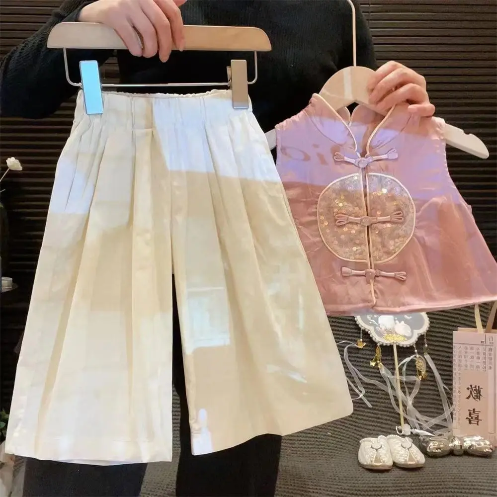 Girls' Cheongsam Set 2024 Summer Embroidered Tang Suit Vest + Wide-leg Pants Two-piece Set Kids Clothes Girls Vaqueros New image 3
