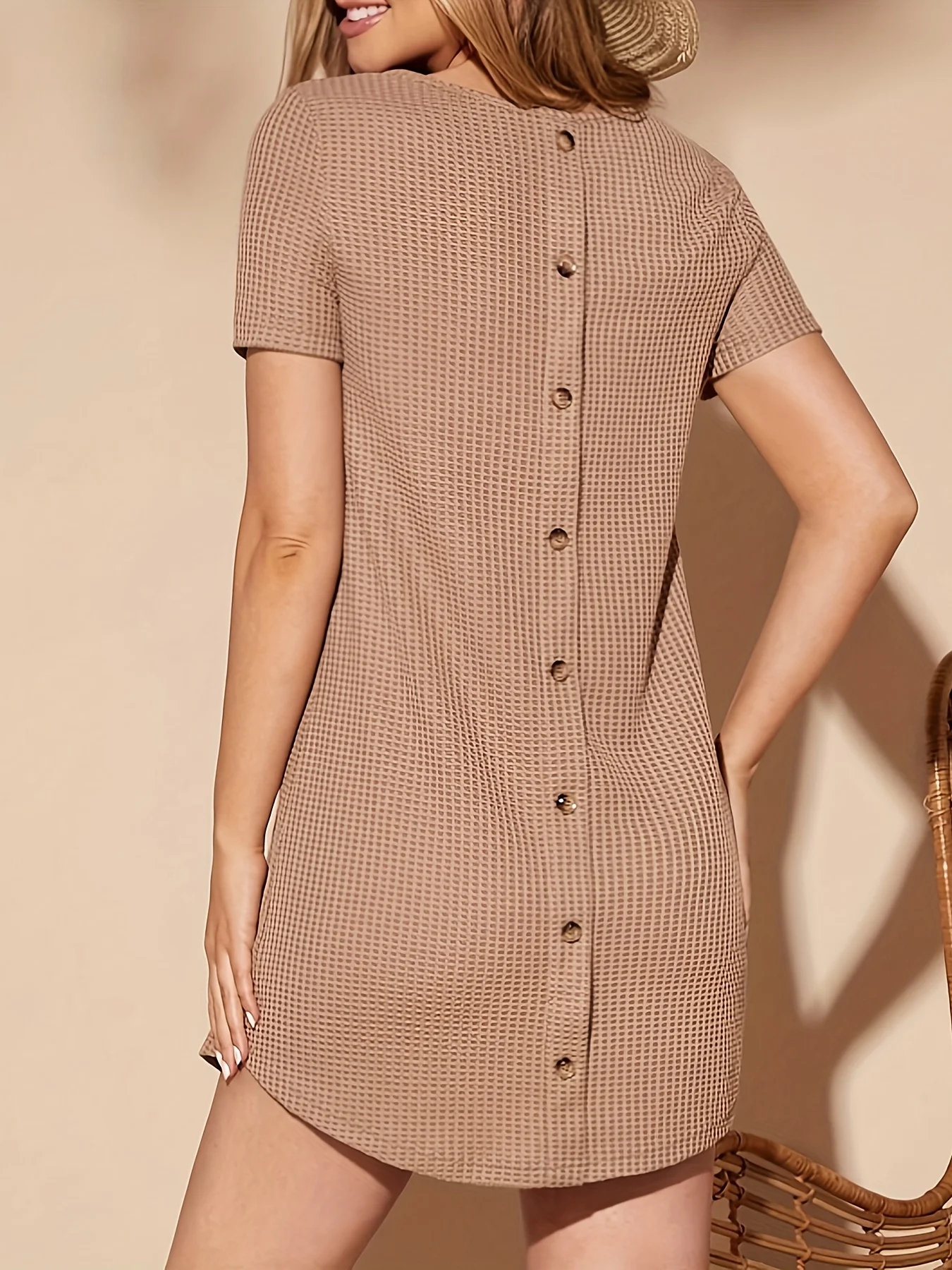 

Women's Dress Best seller Khaki Gingham Print Short Sleeve Button Back Round Neck Shift Mini Dress Beach Vacation Summer Dress