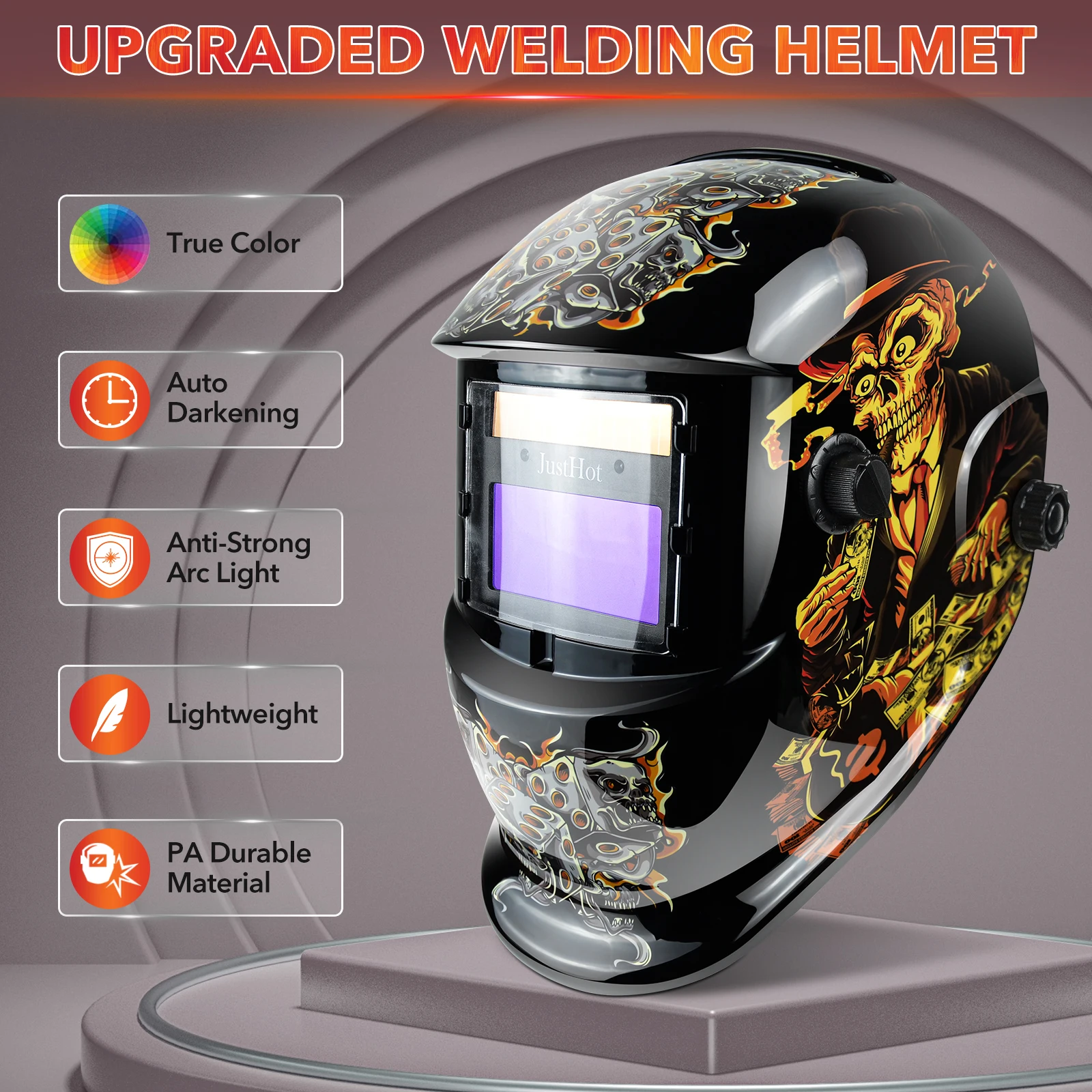 JustHot Skull Printed Welding Helmet True Color 2 Arc Sensor Welding Mask Optical Auto Darkening Comfort Welding Hood for Tig