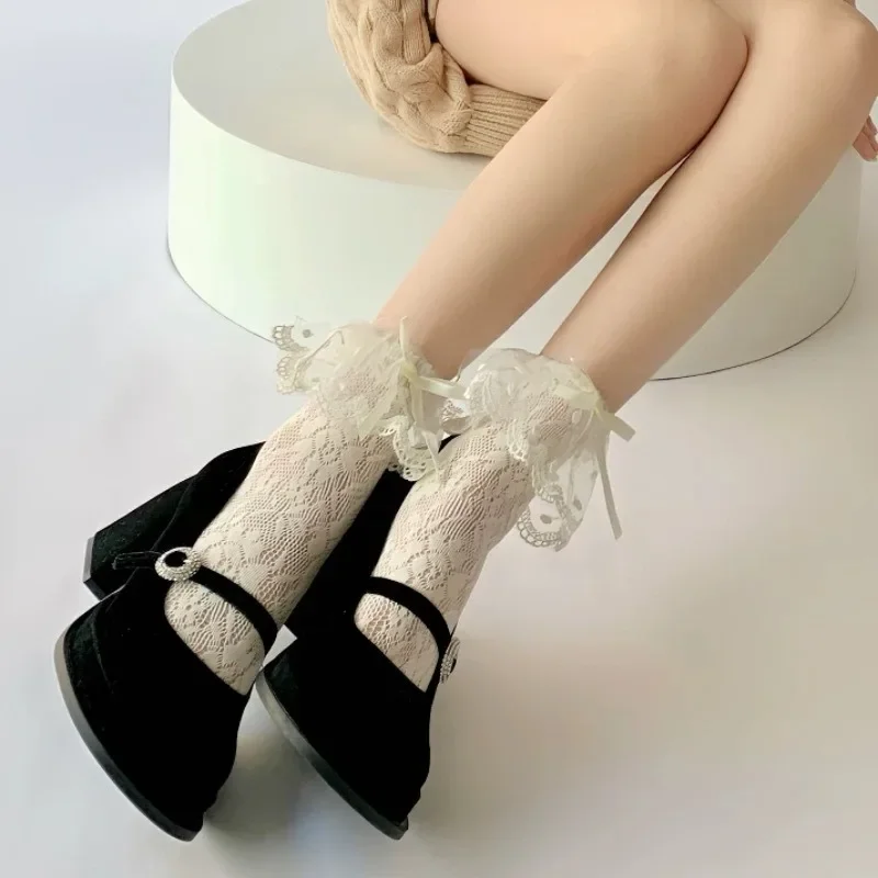 Ear Fungus Edge Summer Pile Socks Flower Mid Tube Socks Children's Thin Japanese Mesh Lace Lace Lace White Mid Tube Socks