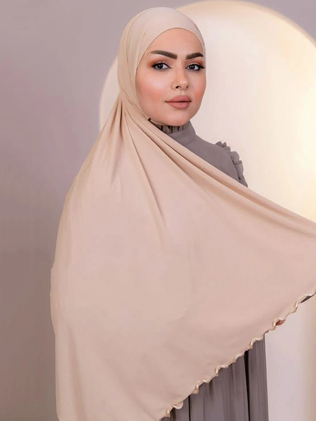 Stylish Elastic Curved Edge Solid Color Muslim Hijab Scarf Black Fungus Edge Shawl Soft Turban Islamic Headwraps image 5