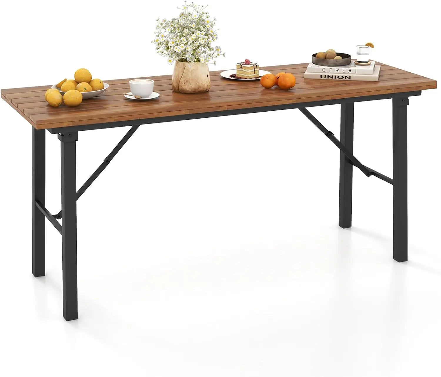 Narrow Outdoor Dining Table, Rectangular Patio Dinner Desk For Four To Six Person Seating Area, Freestanding Wooden Furniture For Backyard Garden Poolside Kitchen, Natural Brown, One Piece