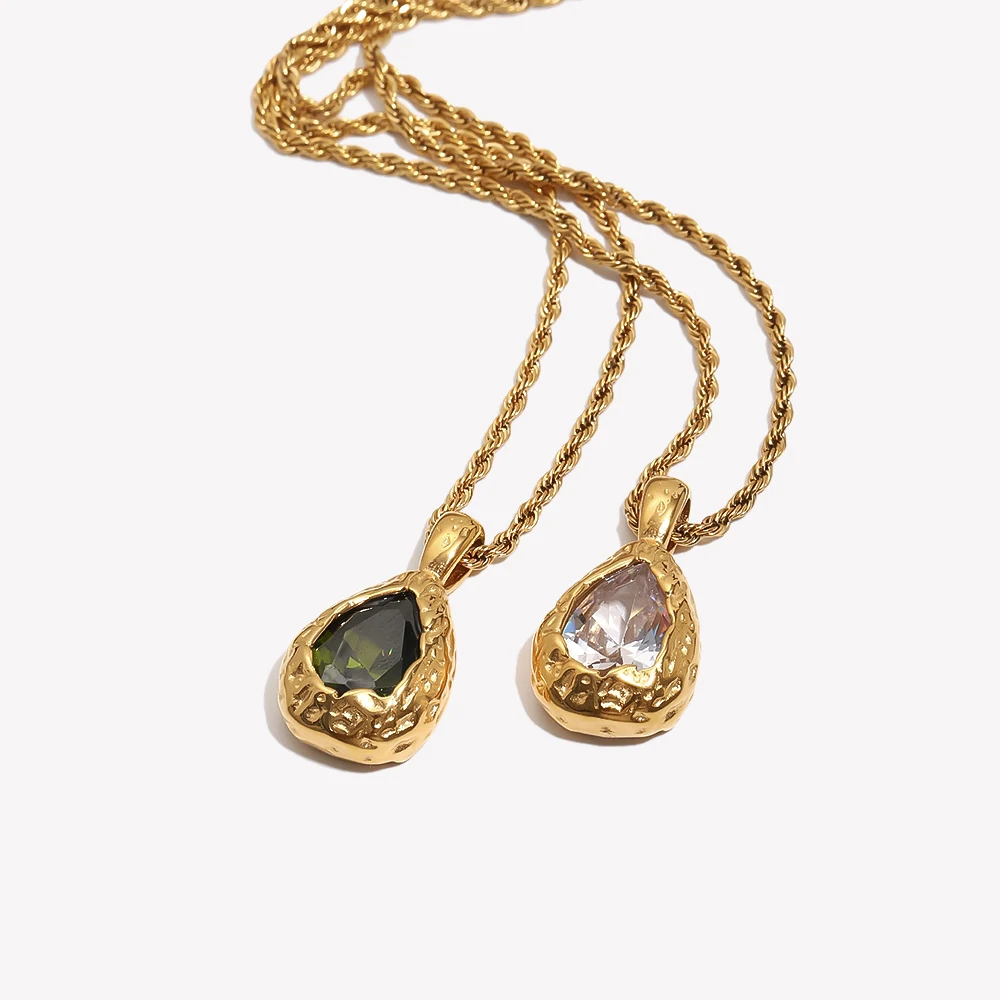 E.B.belle Trendy Hammered Teardrop CZ Necklace 18K Gold Plated Twist Rope Chain Fashion Women Pendant Jewelry Party Gift