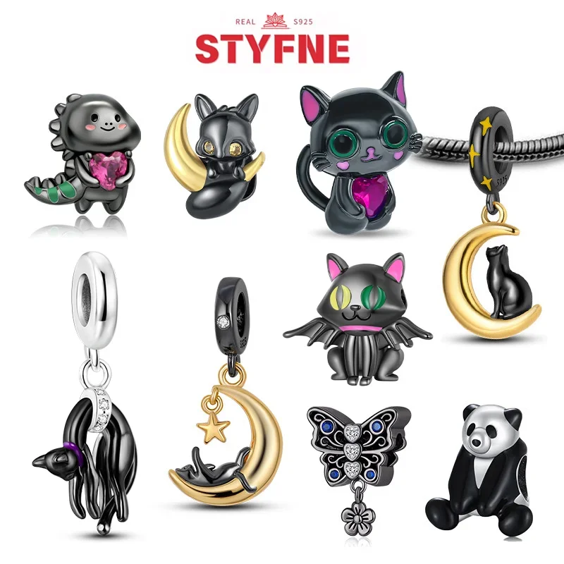 Real S925 Sterling Silver Black Cat Series Charm Animals Beads Fit Original Bracelet for Women Fine Jewelery Making Gift