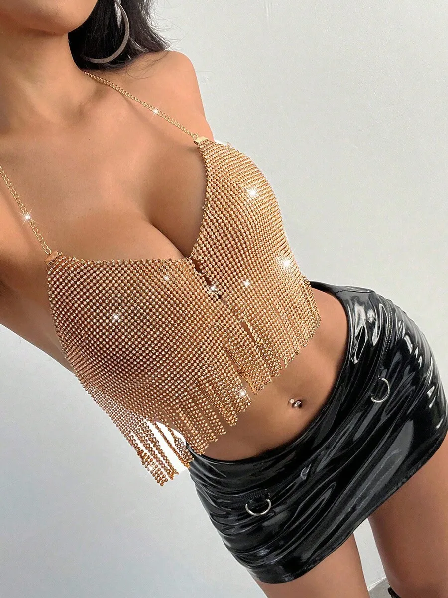 

Fringe Rhinestone Metal Cami Top Low Cut Sexy Tank Top For Party Club Festival