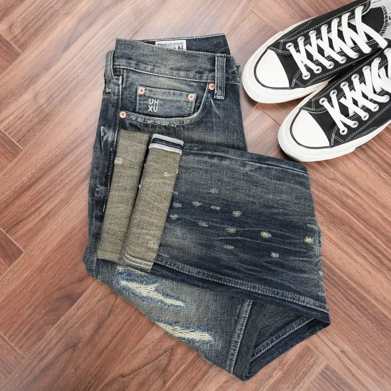 

New autumn and winter trendy ripped patchwork jeans, heavy wash vintage blue non-stretch men's straight pants