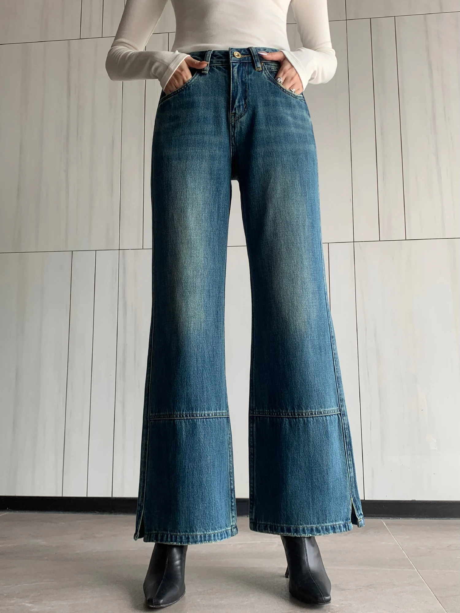 

BLUE HIGH-WAISTED LOOSE CASUAL WOMNE’S JEANS FASHION Y2K SPLICING DESIGN VINTAGE WASHED SLIM WIDE-LEG PANTS - FORGUNROSES