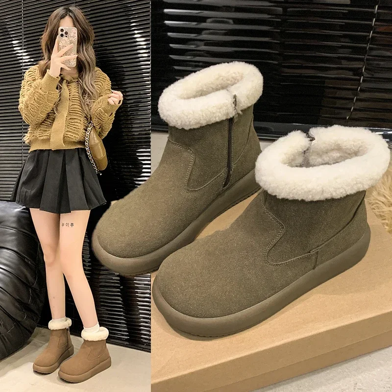 

2023 New Women's Winter Snow Boots Vintage Fleece-lined Cotton Shoes Flat Bottom Ugly Short Boots Warm Cozy Footwear