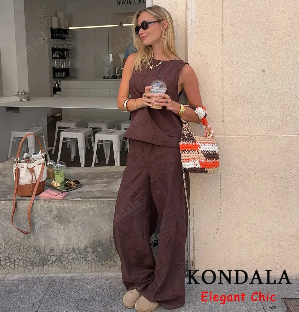 

KONDALA Summer Fall Embroidery Tank Top Set Women Sleeveless Thin Top Or Lacing Pant 2025 Fashion Casual Holidays Mujer Pant Set
