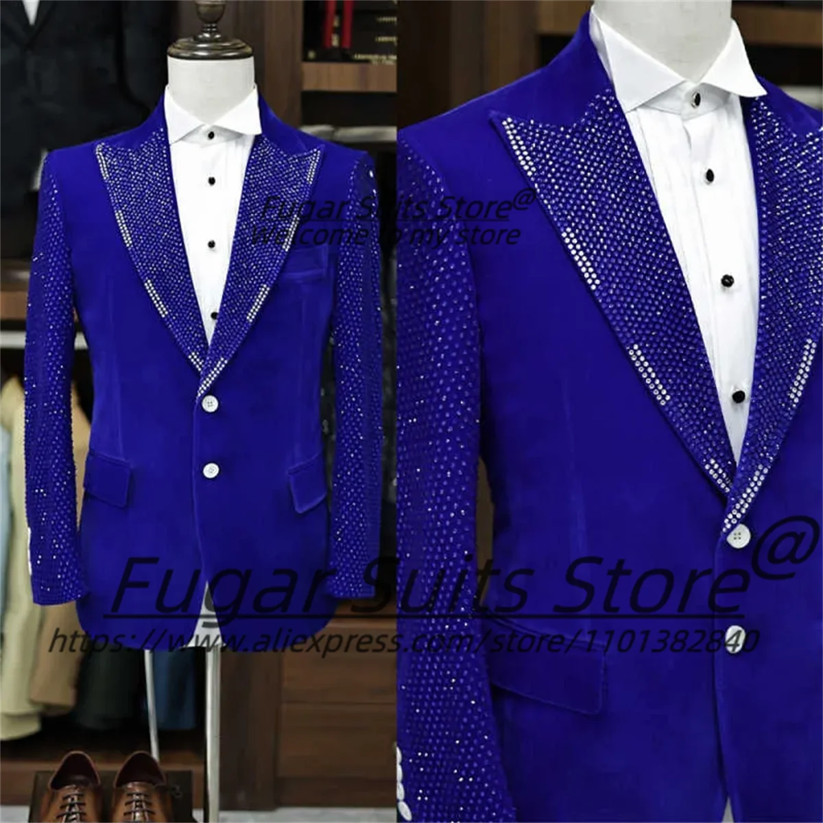 

Королевский бархатный мужской костюм с остроконечными лацканами и бисером, красивый комплект из 2 предметов с двойной грудью, роскошные свадебные смокинги для жениха по индивидуальному заказу, Ropa Hombre